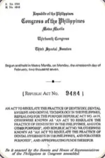 The first page of Republic Act No. 9484, the Philippine Dental Act of 2007