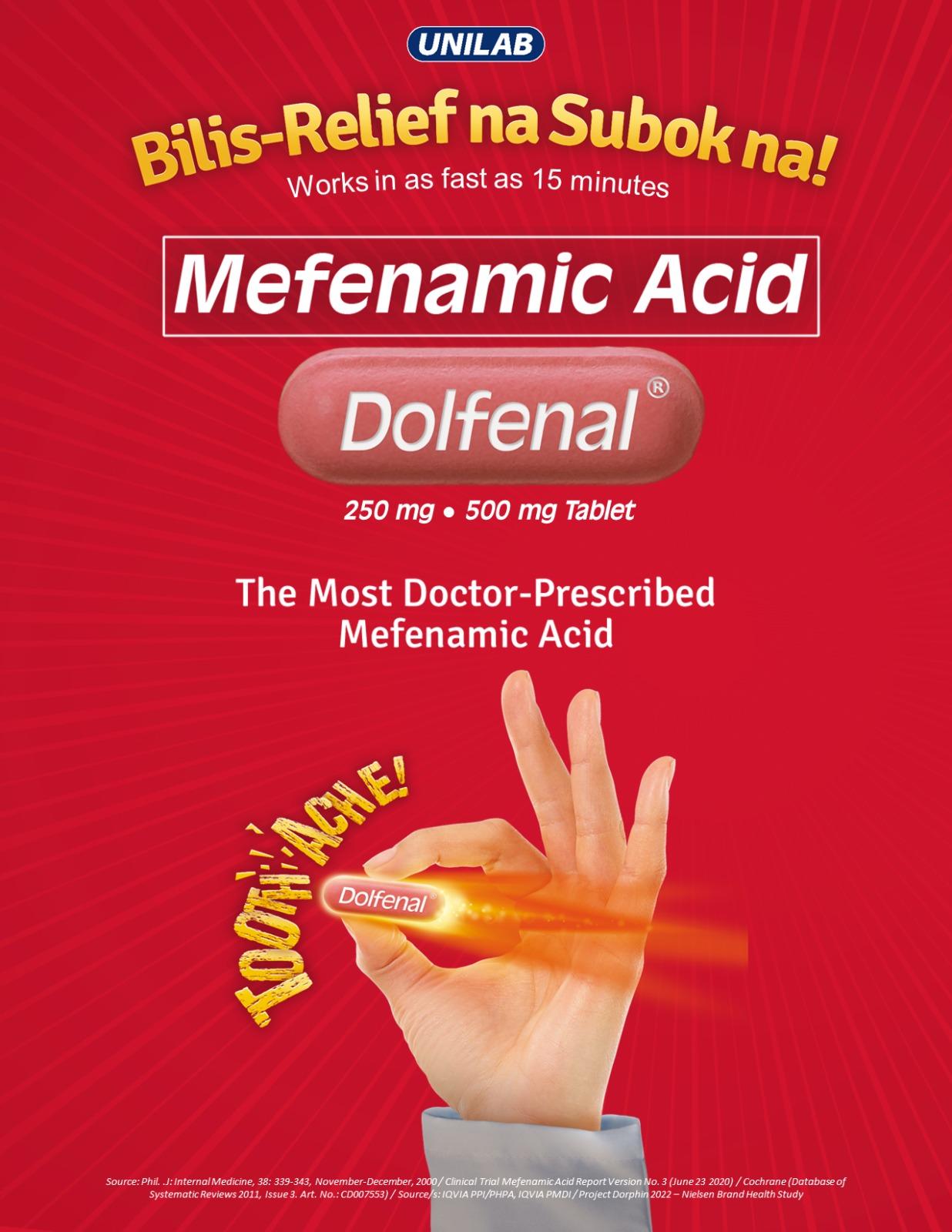Dolfenal mefenamic acid 250 mg and 500 mg tablets by Unilab — works in as fast as 15 minutes for toothache