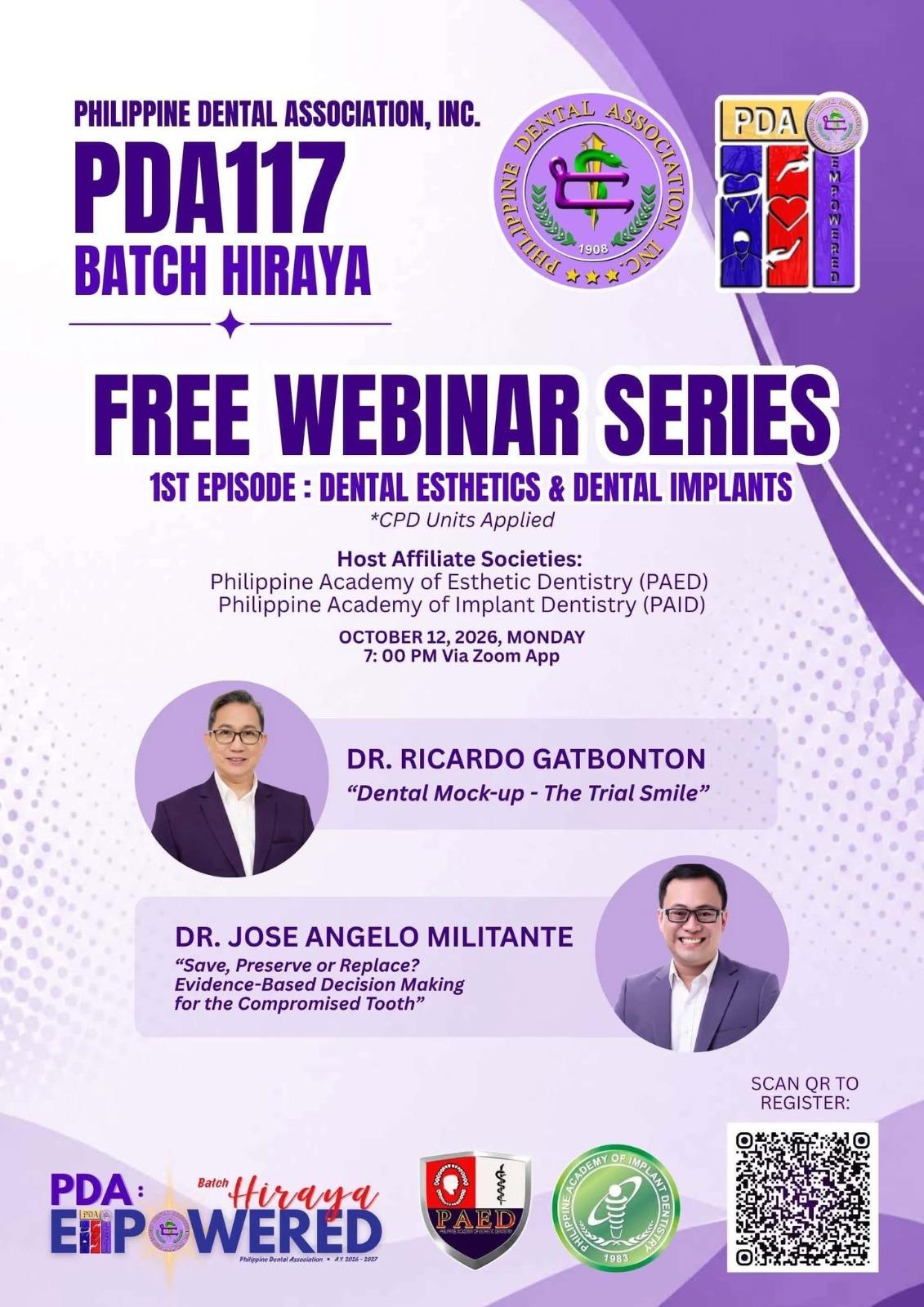 PDA117 Batch Hiraya Free Webinar Series, Episode 1: Dental Esthetics & Dental Implants — Oct 12, 2026, via Zoom
